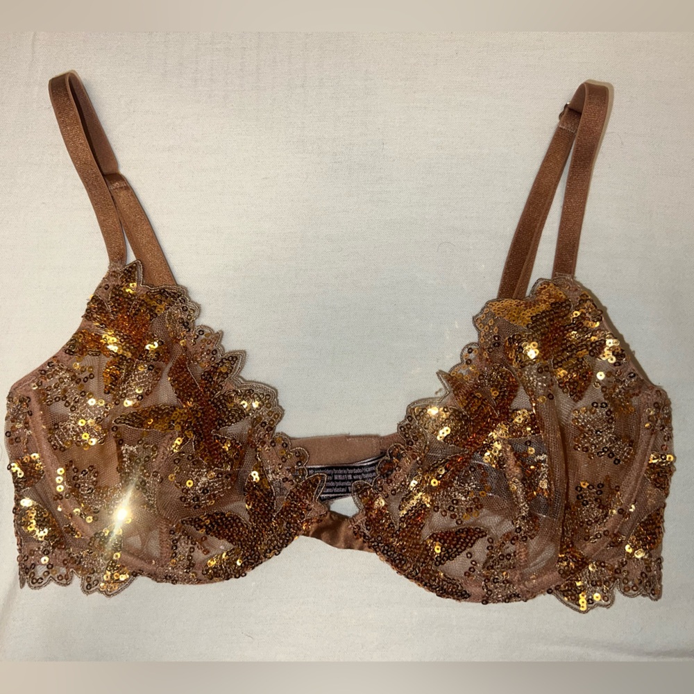 Victoria's Secret Sequin Lace Mesh Bra Lingerie Gold 34 C Valentine’s Day